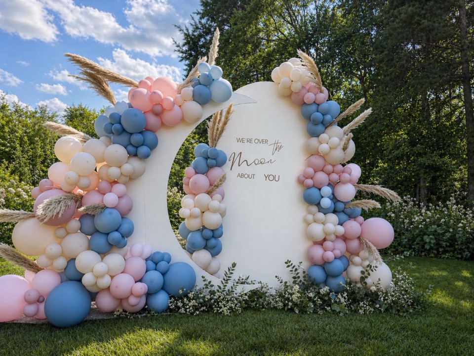 An outdoor baby shower moon backdrop with pastel balloons and pampas grass