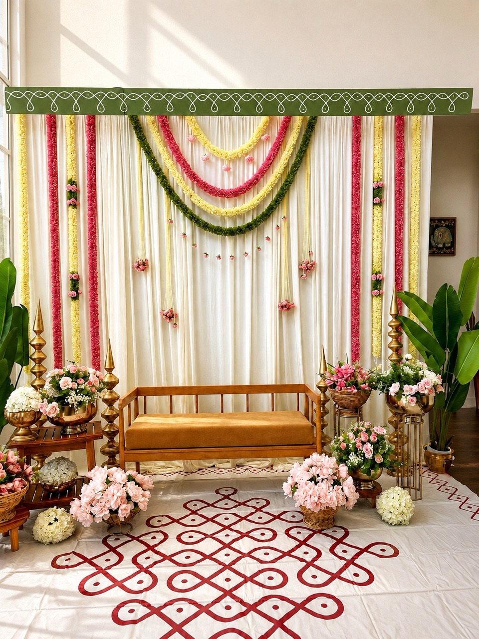 Home ceremony with layered garlands over ivory drape, a wooden bench and a red kolam floor