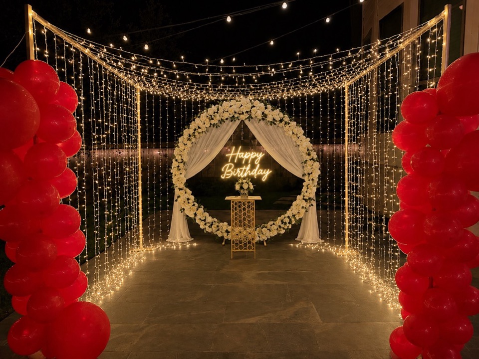 An evening celebration under curtains of fairy lights, with a white floral ring and a glowing neon sign