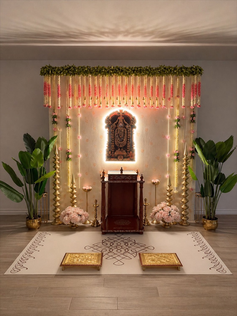 A backlit Balaji pooja backdrop with hanging garlands, brass lamps and a kolam floor